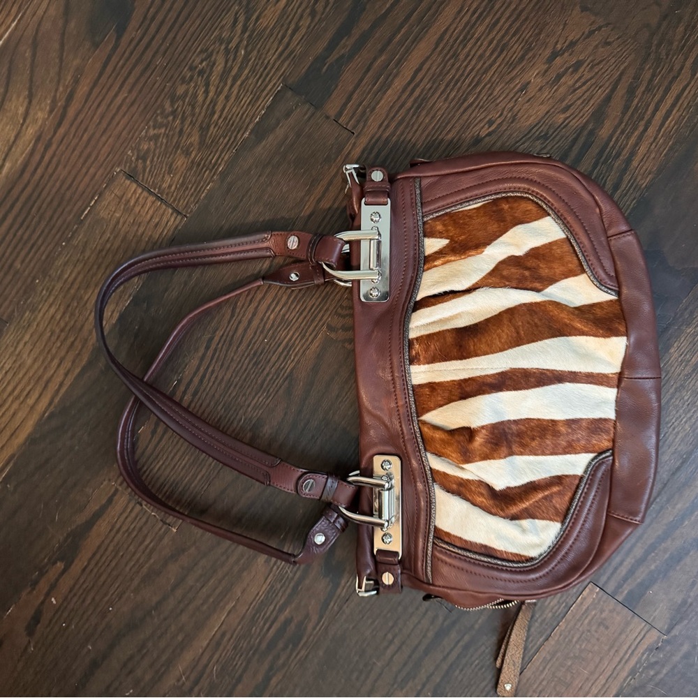 B makousky brown leather half moon shoulder bag, faux fur accent